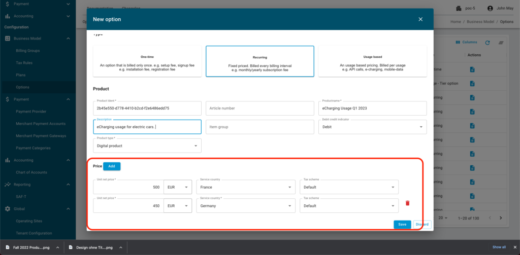 Screenshot of nitrobox webportal recurring billing feature for different countries
