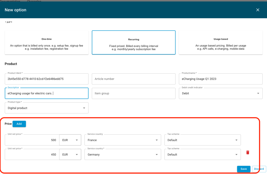 Screenshot of nitrobox webportal recurring billing feature for different countries