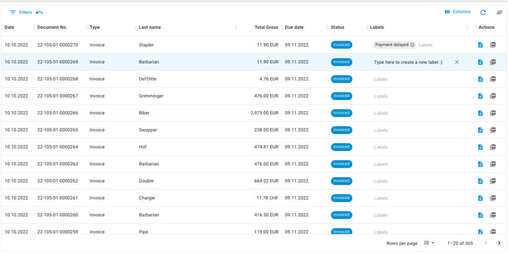 screenshot of nitrobox webportal document label feature