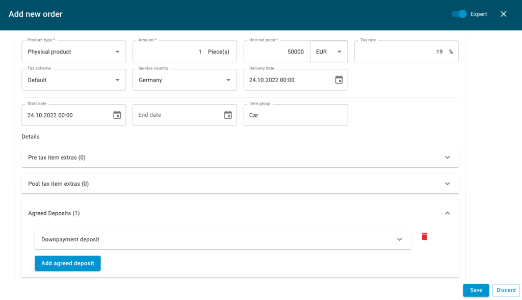 Nitrobox Webportal deposit invoice feature screenshot