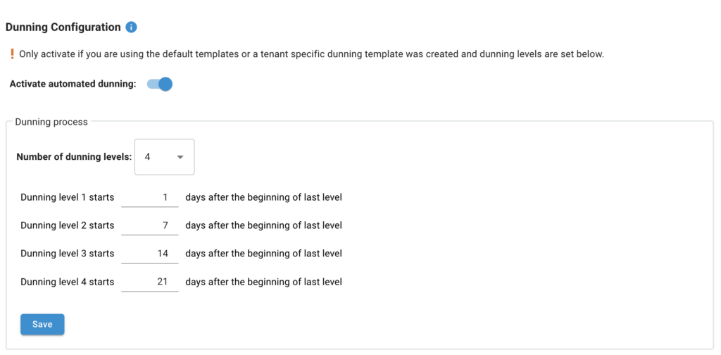 screenshot of Dunning interval configuration feature in nitrobox platform