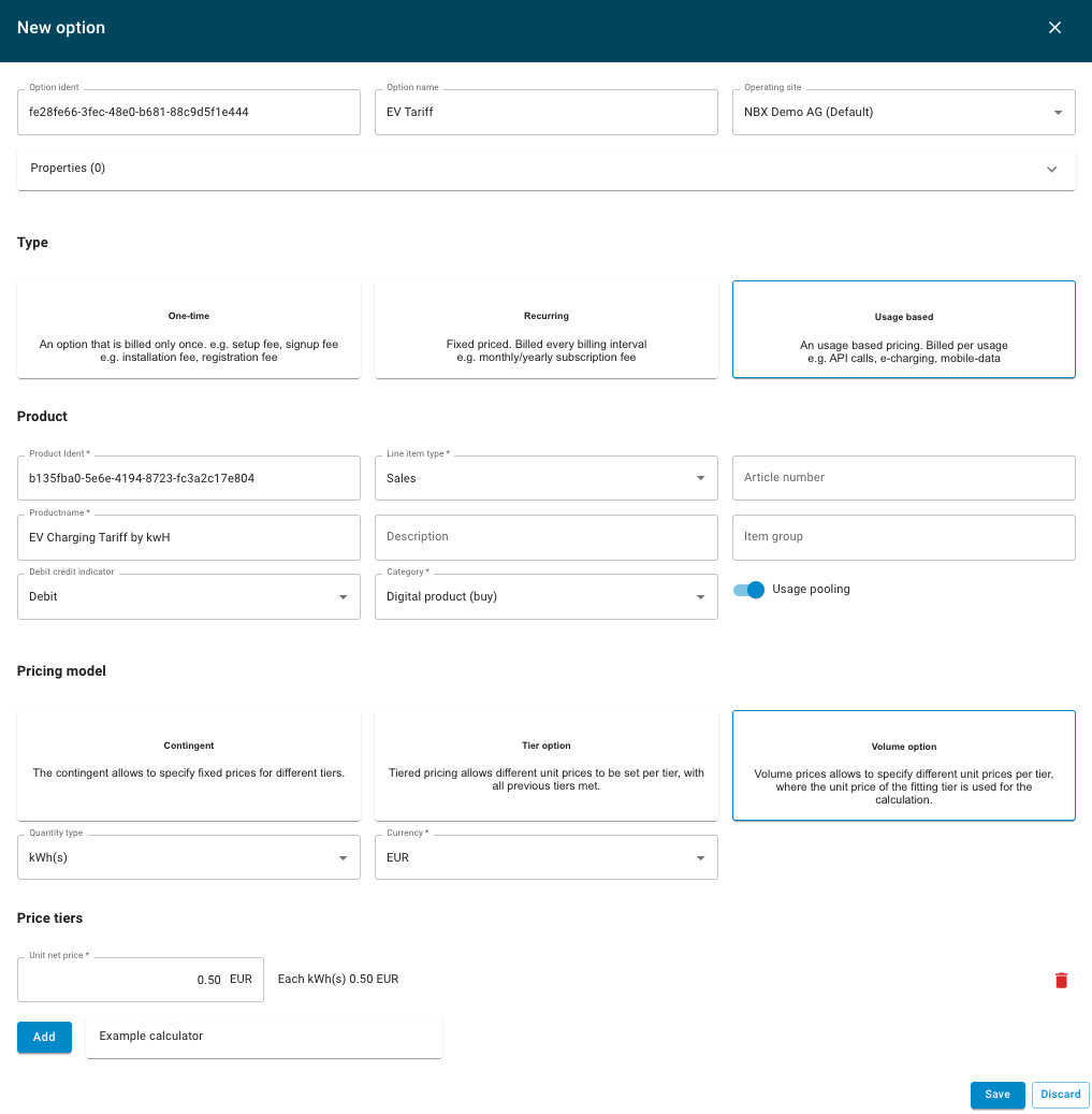 Screenshot of making a tariff option (called “option” in the software) in Nitrobox