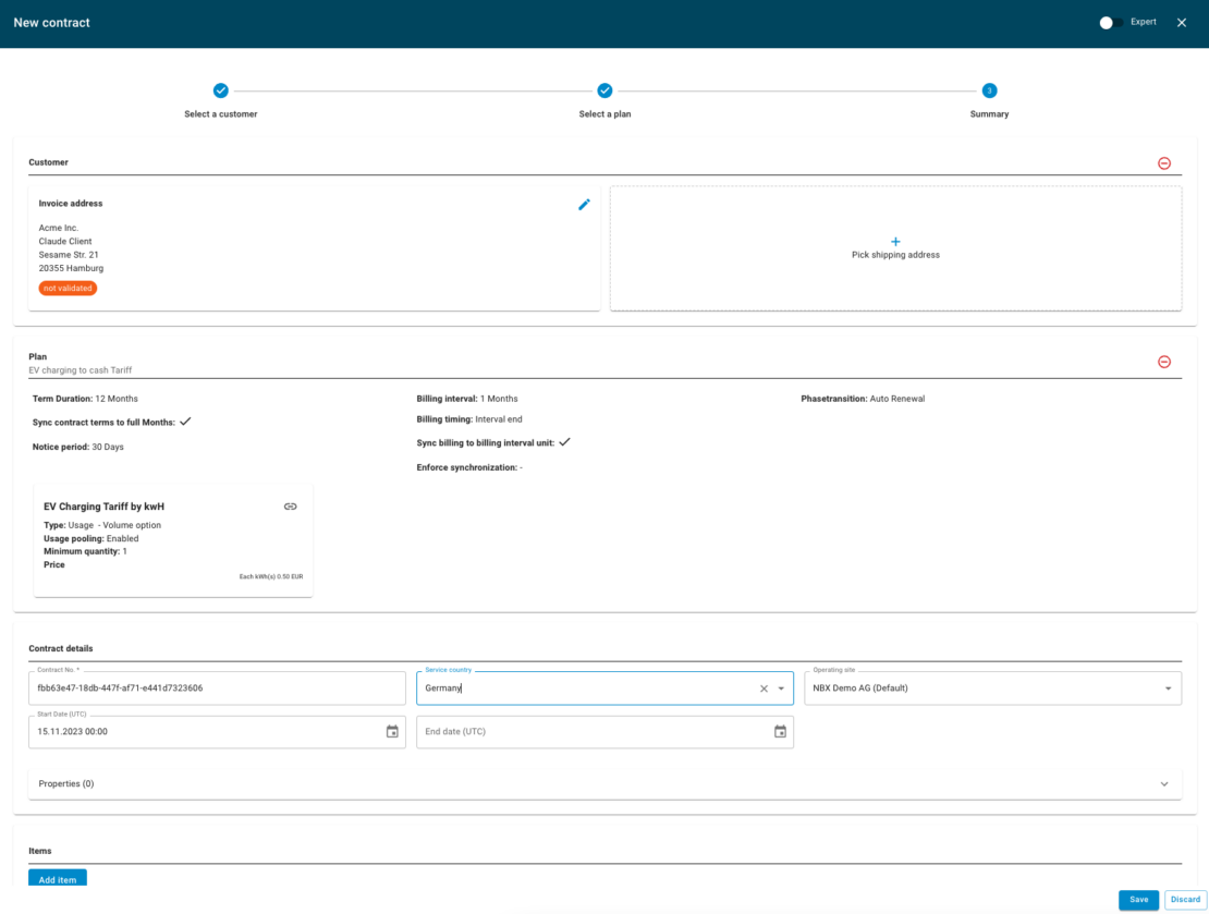Screenshot of making a contract from a tariff option in Nitrobox