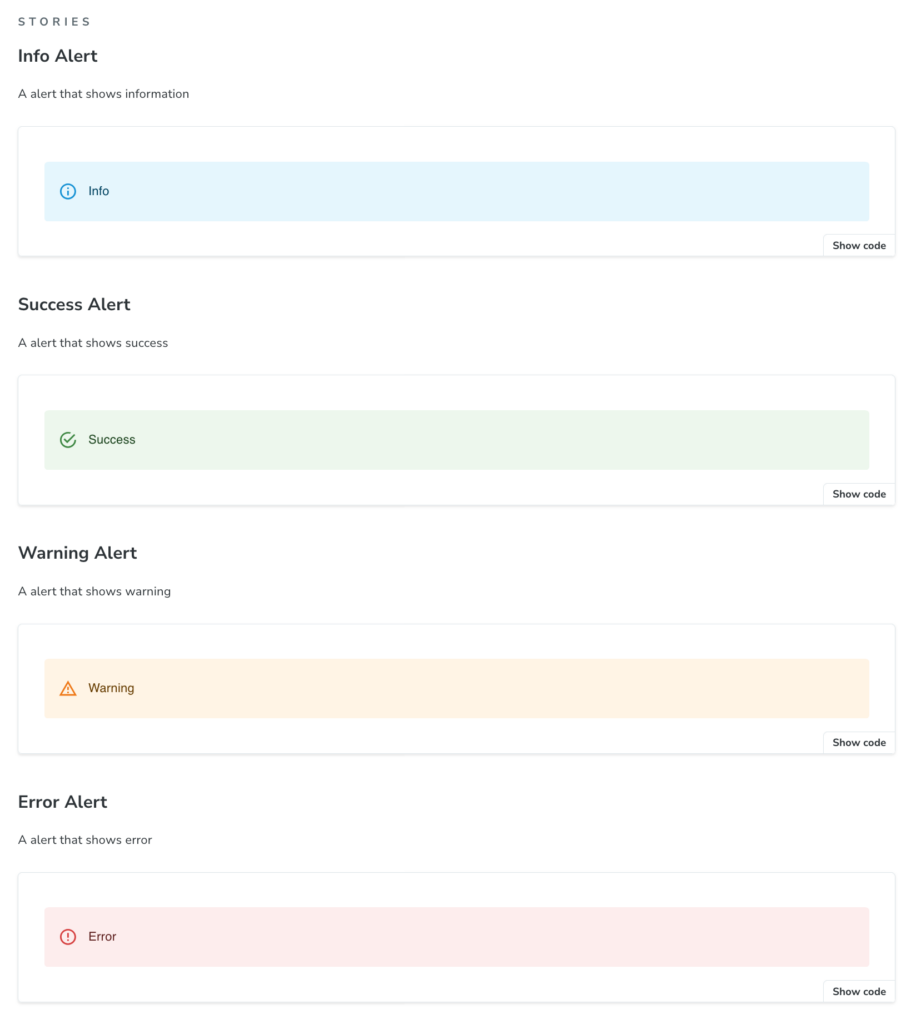 Storybook components webpage