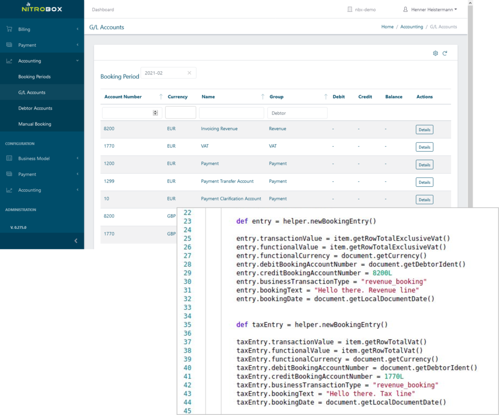 nitrobox order-to-cash platform screenshot of accounting and tax automation feature