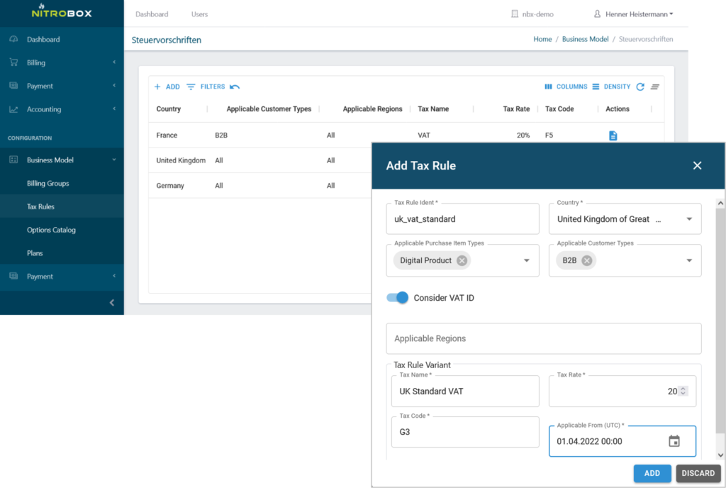 screenshot of configurable tax rules feature in nitrobox